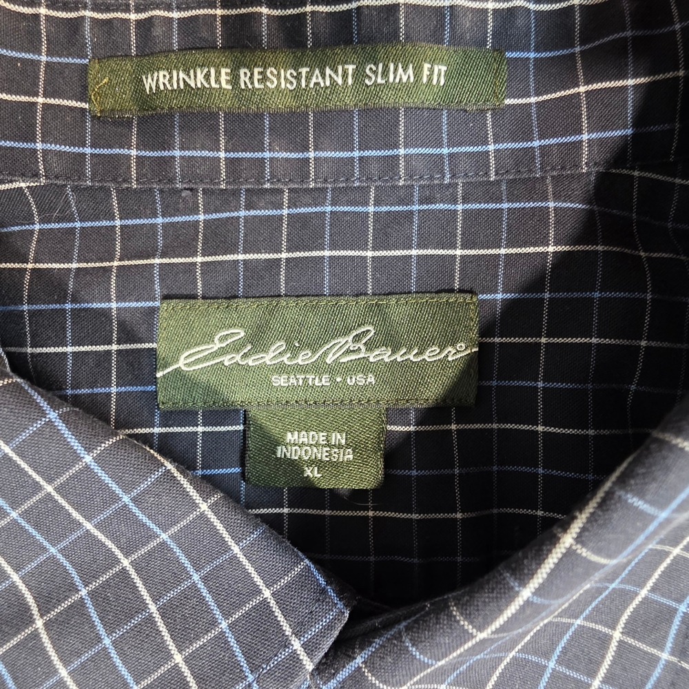 Eddie Bauer Mens XL Slim Fit Wrinkle Resistant Navy Windowpane Button Down Shirt - Picture 3 of 6